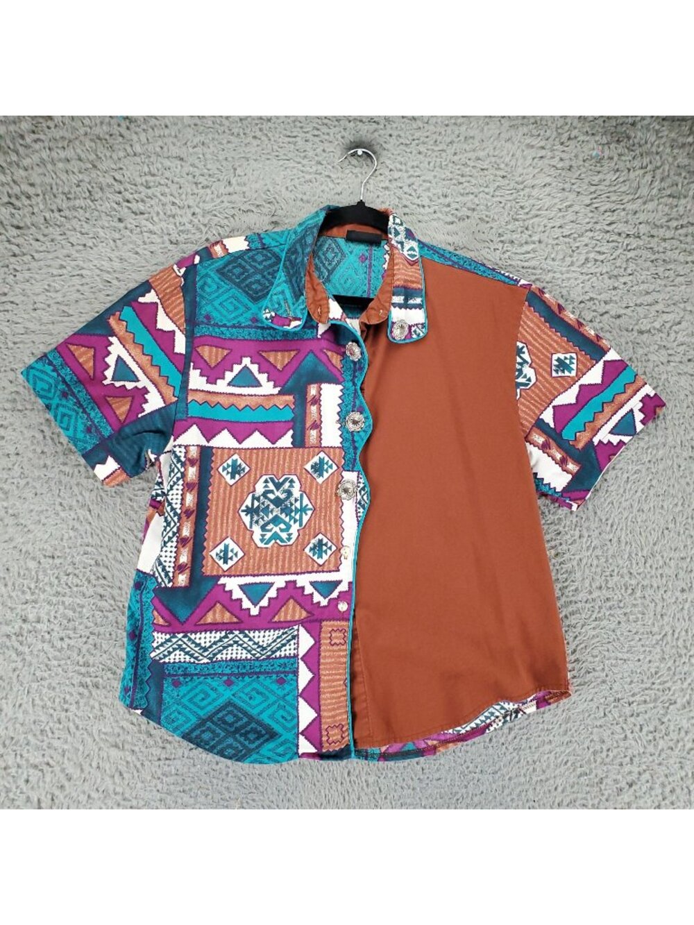 Roughrider Top Womens XL Multicolor Vintage Short Sleeve Button Up *Read*